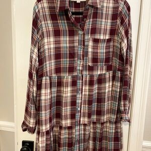 LOFT Plaid Long Sleeve Dress - Burgundy and Blue
